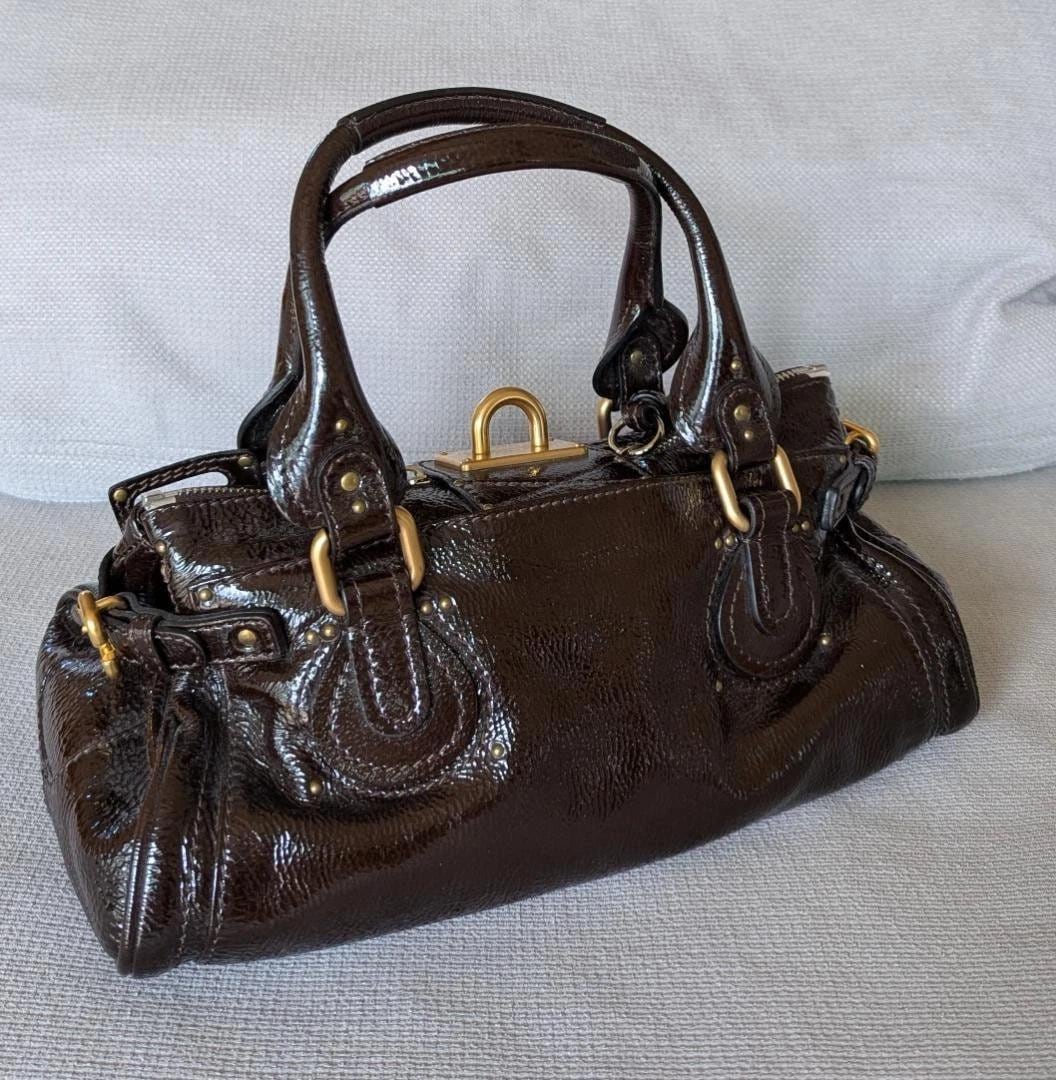 Chloe Paddington Patent Leather Dark Brown Handbag