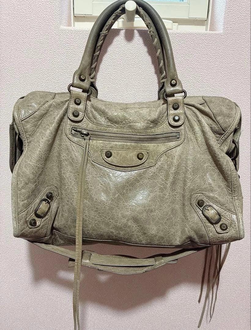 BALENCIAGA Giant City Leather Handbag Shoulder Bag Beige Gray w/Mirror [DDP]