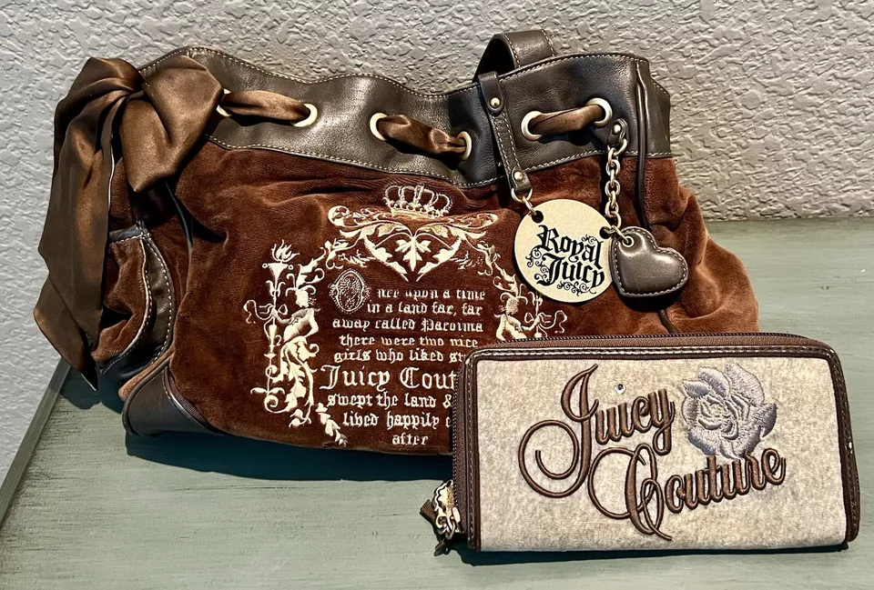 Juicy Couture Y2K Royal Juicy Velour Daydreamer Bag Taupe Brown/Matching Wallet