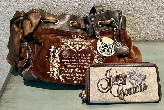 Juicy Couture Y2K Royal Juicy Velour Daydreamer Bag Taupe Brown/Matching Wallet