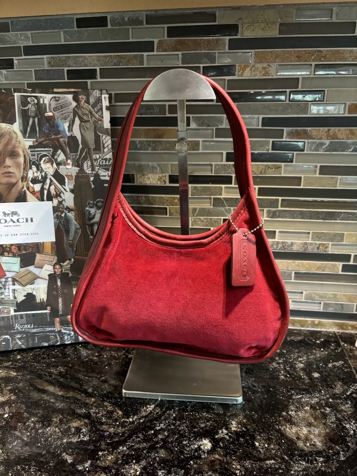 Vintage Coach Red Velvet Leather Ergo Boho Purse RARE