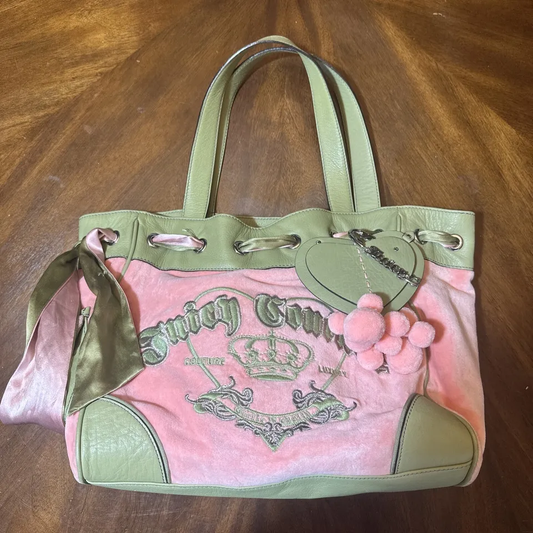 Vintage Pink Green HandBag PomPom Juicy Couture Daydreamer Bag Purse Y2K Barbie