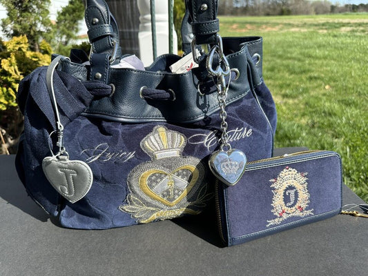 Juicy Couture Daydreamer Bag Navy Blue Velour Crown Heart Bow Charm and Wallet set
