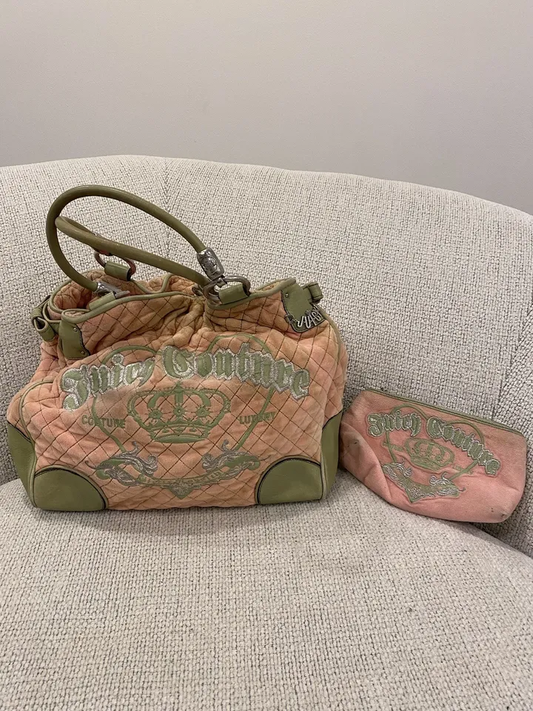 Juicy Couture Pink & Green Rare Vintage Y2K Velour Bag W/ Matching Makeup Bag