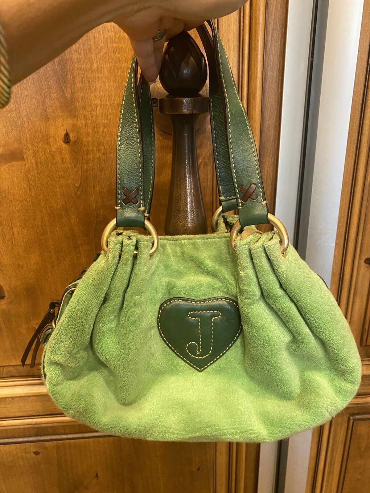 Vintage Juicy Couture Green and Brown Velour Shoulder Bag Purse Handbag Y2K