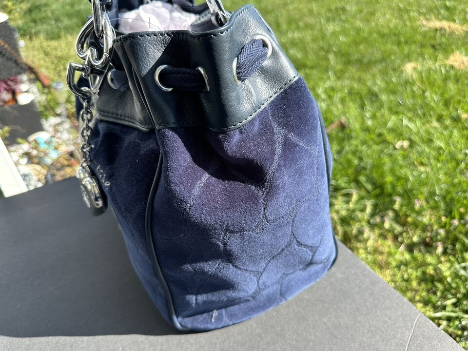 Juicy Couture Daydreamer Bag Navy Blue Velour Crown Heart Bow Charm and Wallet set