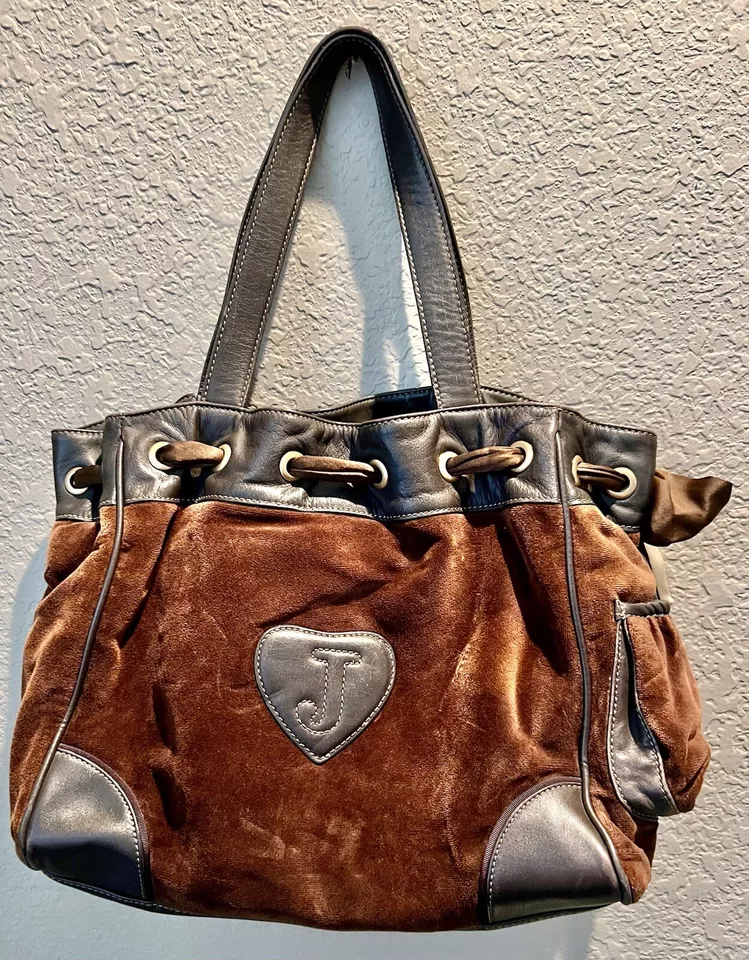 Juicy Couture Y2K Royal Juicy Velour Daydreamer Bag Taupe Brown/Matching Wallet