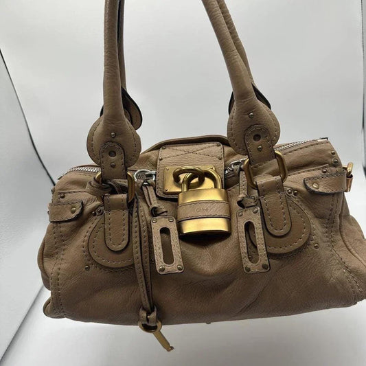 Chloe Paddington Padlock Cadena Handbag Beige Brown Leather Shoulder Bag Key