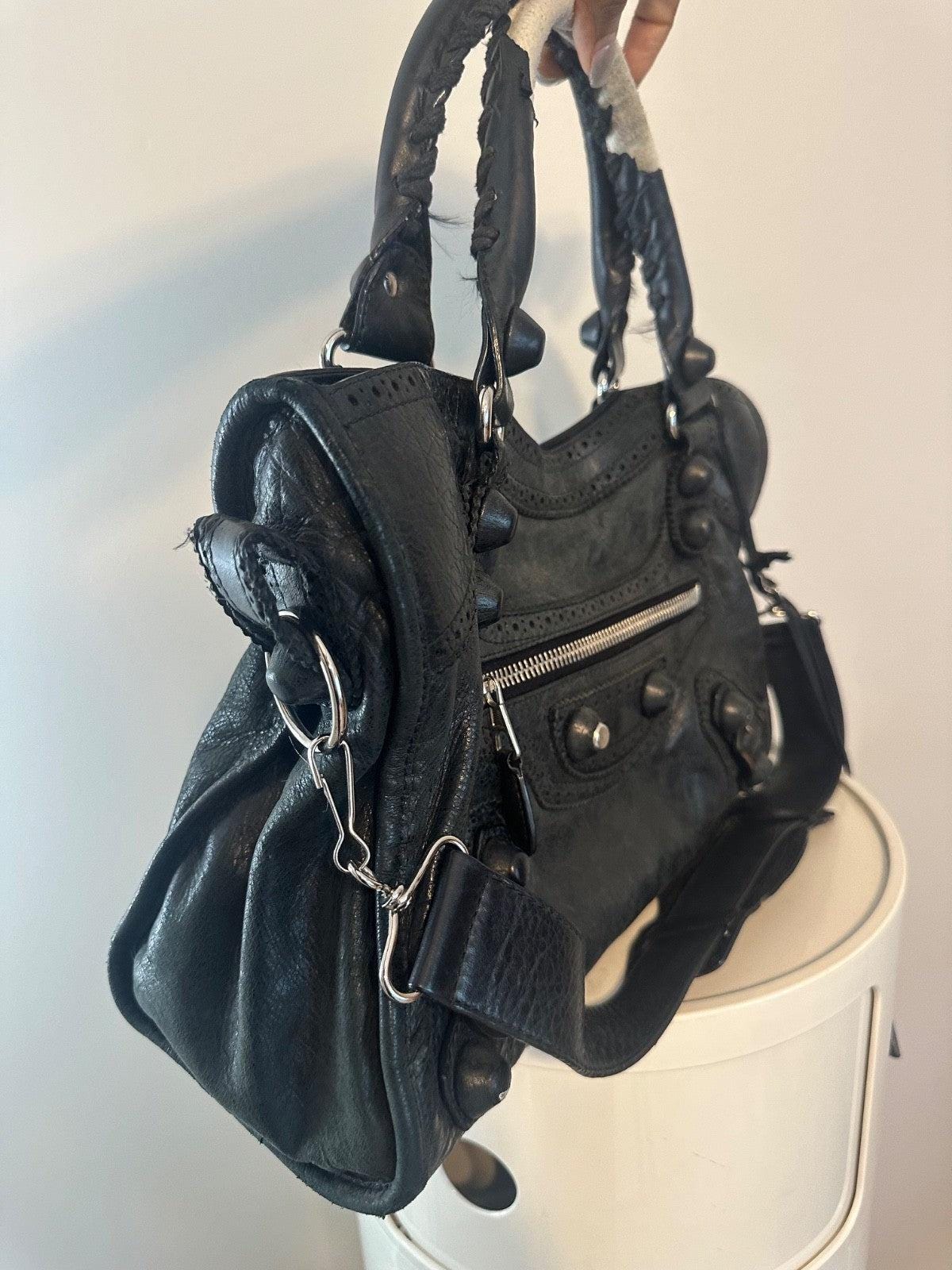 BALENCIAGA Black Lambskin Leather Giant Brogues Motorcycle City Bag