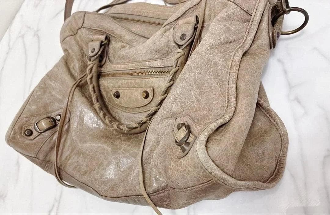 BALENCIAGA Giant City Leather Handbag Shoulder Bag Beige Gray w/Mirror [DDP]