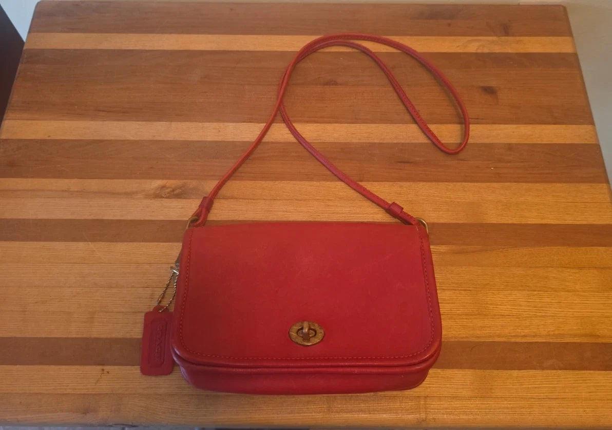 Vintage Red Dinky Crossbody Coach Bag. Made in New York City USA, 70s