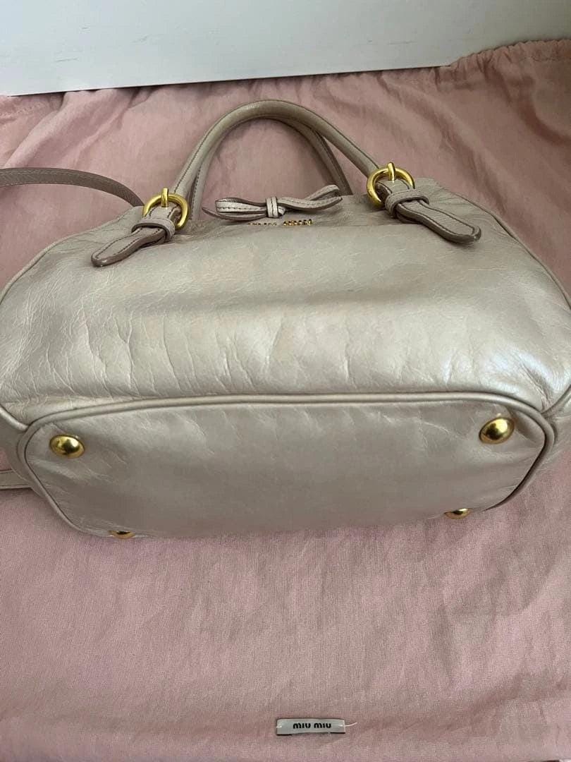 MIU MIU Vitello Shine 2WAY Bow Handbag Shoulder Bag Pink Beige Leather Used Auth