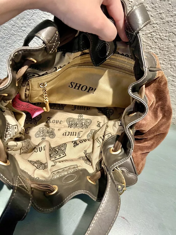 Juicy Couture Y2K Royal Juicy Velour Daydreamer Bag Taupe Brown/Matching Wallet