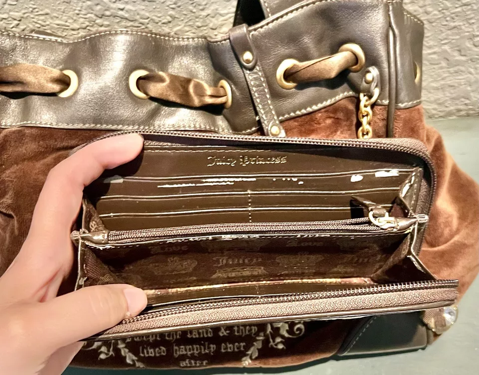 Juicy Couture Y2K Royal Juicy Velour Daydreamer Bag Taupe Brown/Matching Wallet