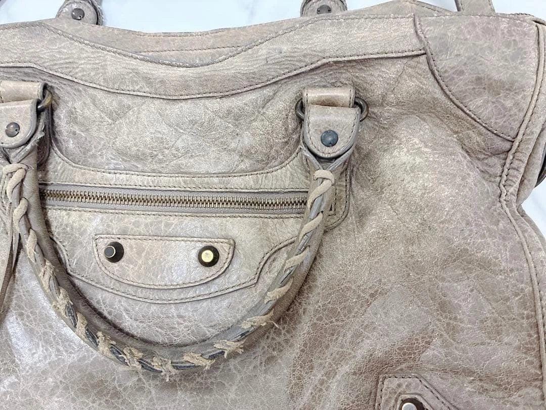 BALENCIAGA Giant City Leather Handbag Shoulder Bag Beige Gray w/Mirror [DDP]