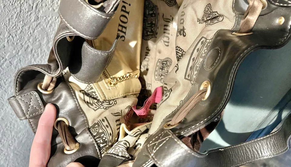 Juicy Couture Y2K Royal Juicy Velour Daydreamer Bag Taupe Brown/Matching Wallet