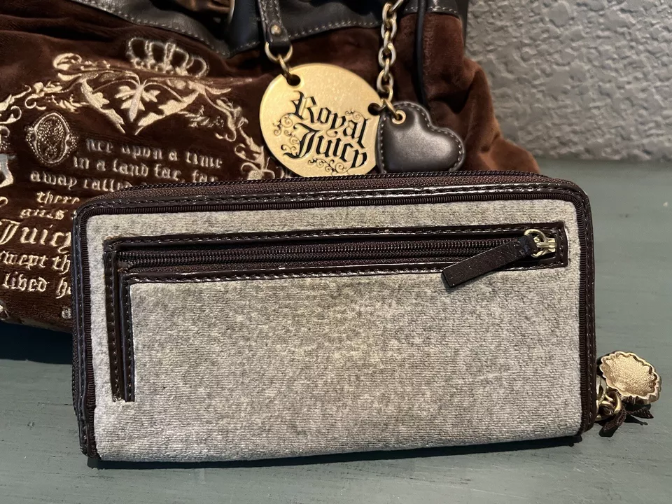 Juicy Couture Y2K Royal Juicy Velour Daydreamer Bag Taupe Brown/Matching Wallet