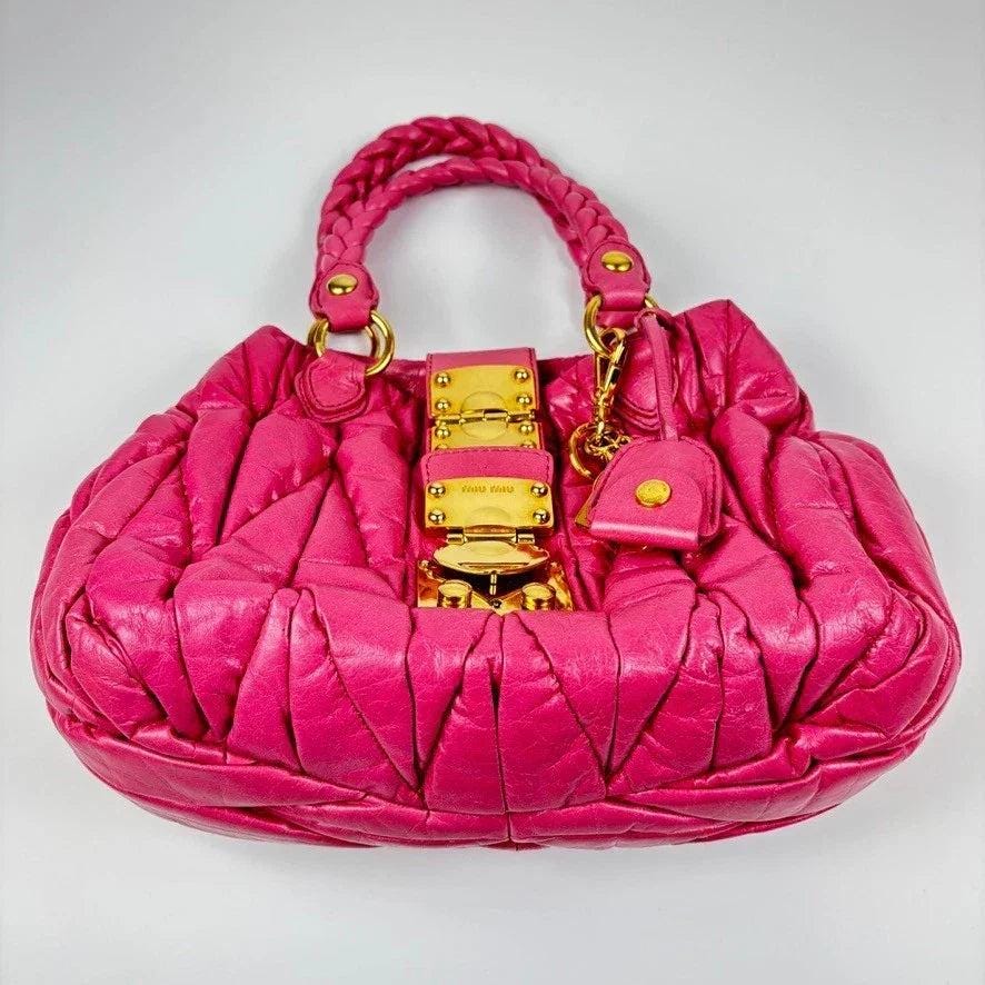 Auth Miu Miu Matelasse Hand Bag Leather 2way Pink Gold t99