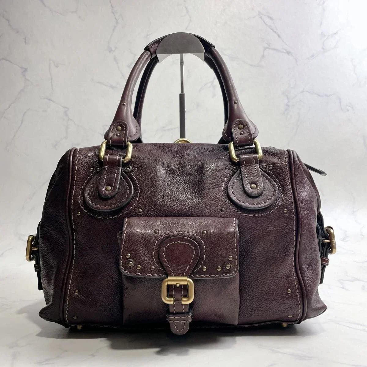 CHLOE Paddington 2way Handbag Chocolate Brown Leather Studs Authentic