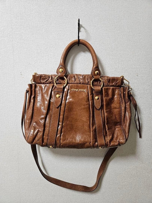 Miu Miu Vitello Lux 2way Handbag Shoulder bag Leather Brown Authentic w/Dust bag