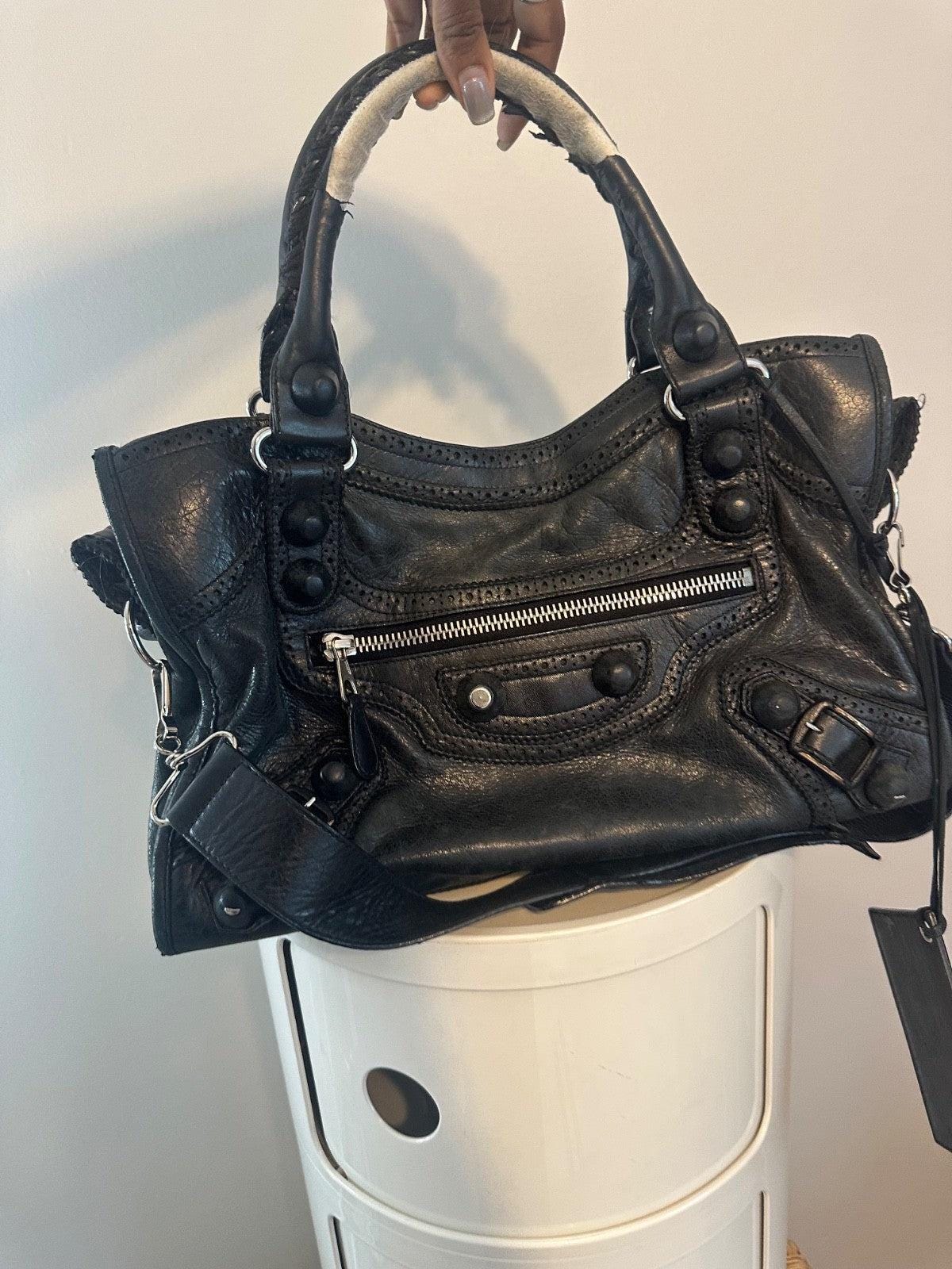 BALENCIAGA Black Lambskin Leather Giant Brogues Motorcycle City Bag
