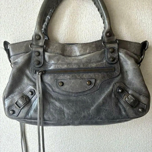 Balenciaga Moto Handbag Gray Leather Classic City Style Tote